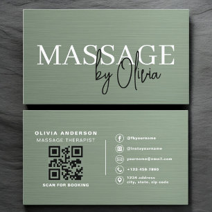 Sage Green Metallic Massage Therapist QR Code Business Card