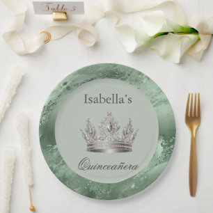 Sage Green Metallic Silver Tiara Crown Quinceañera Paper Plate