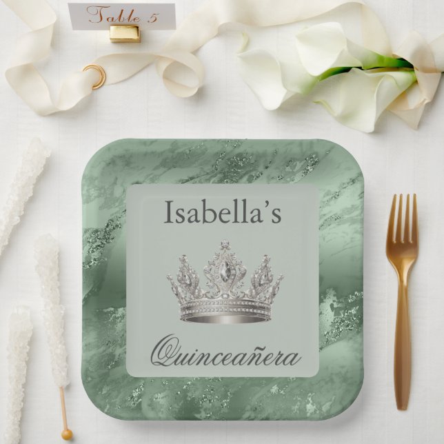 Sage Green Metallic Tiara Crown Quinceañera Paper Plate (Wedding)