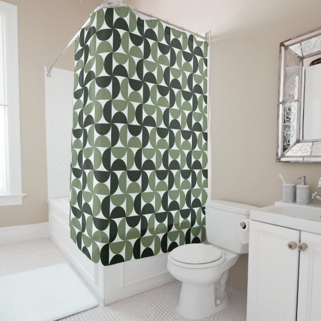 Sage Green Mid Century Modern Pattern Shower Curtain (In Situ)