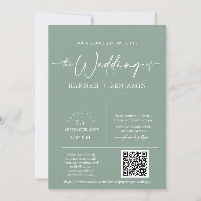 Sage Green Minimal Boho Wedding Arch QR Code Photo Invitation (Front)
