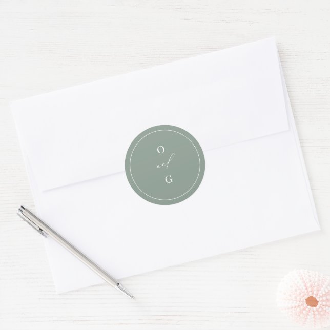 Sage Green minimal modern couple monograms wedding Classic Round Sticker (Envelope)
