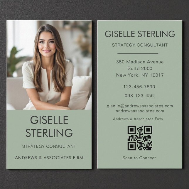 Sage Green Minimal QR Code Photo Modern  Business Card (Creator Uploaded)