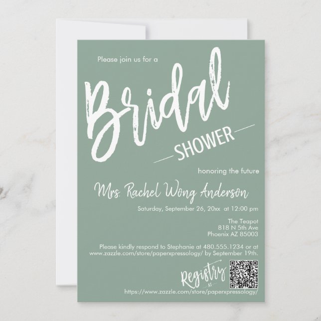 Sage Green Minimal Script Bridal Shower QR Code Invitation (Front)