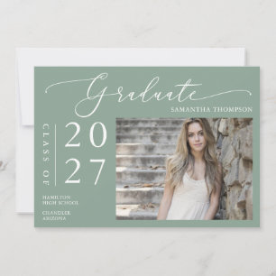 Sage Green Minimal Script School Graduation Photo Invitation