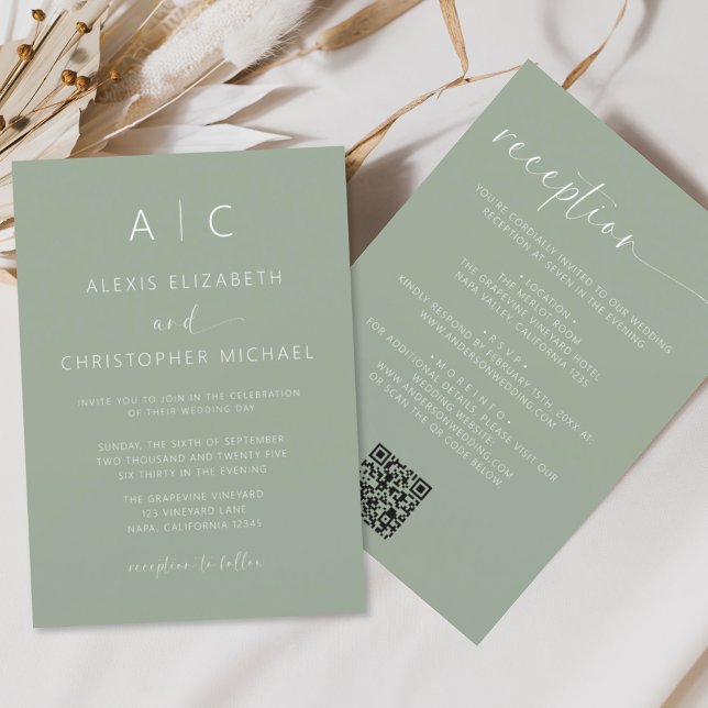 Sage Green Minimalist All In One Wedding QR Code Invitation (Creator Uploaded)