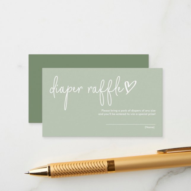 Sage Green Minimalist Baby Shower Diaper Raffle Enclosure Card (Front/Back In Situ)