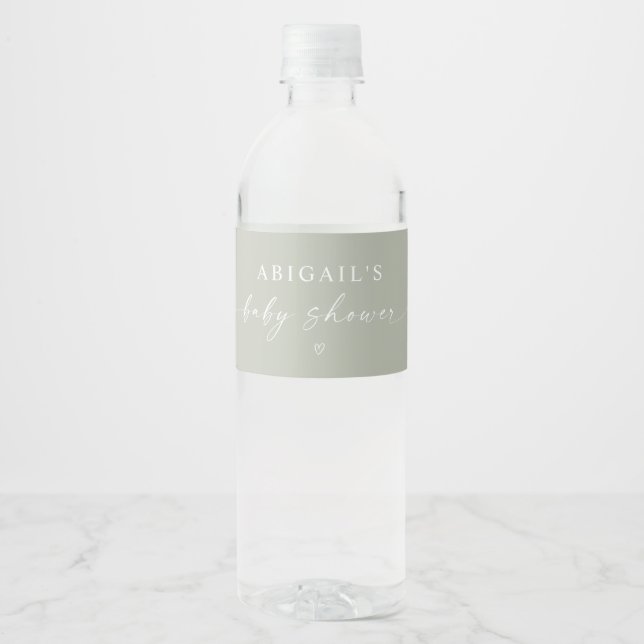 Sage Green Minimalist Baby Shower Water Bottle Label (Front)