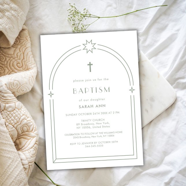 Sage Green Minimalist Boho Arch Cross Baptism  Invitation (Sage Green Minimalist Boho Arch Cross Baptism Invitation
)
