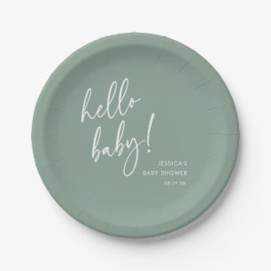 Sage Green Minimalist Boho Hello Baby Shower Paper Plate