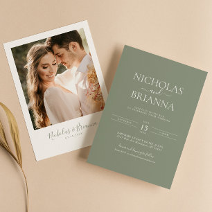 Sage Green Minimalist Boho Wedding Modern Photo Invitation