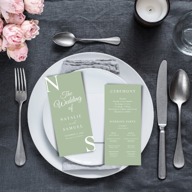 Sage Green Minimalist BoldInitials Wedding Program (Creator Uploaded)