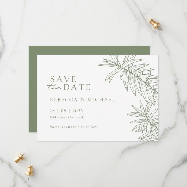 Sage Green Minimalist Botanical Save The Date (Front/Back In Situ)