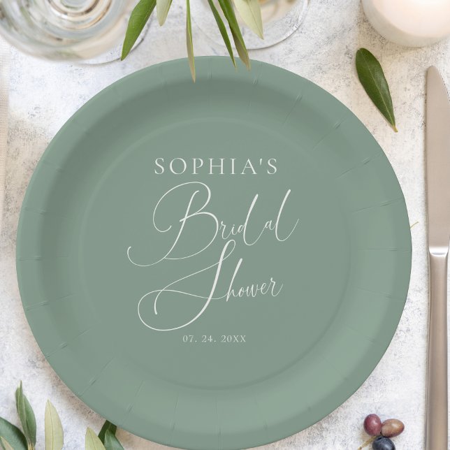 Sage Green Minimalist Calligraphy Bridal Shower Paper Plate (Creator Uploaded)