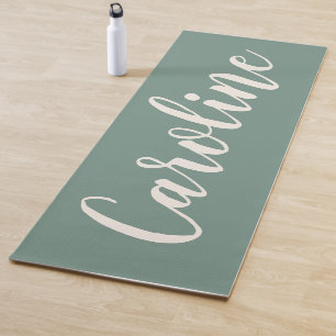 Sage Green Minimalist Calligraphy Personalised Yoga Mat