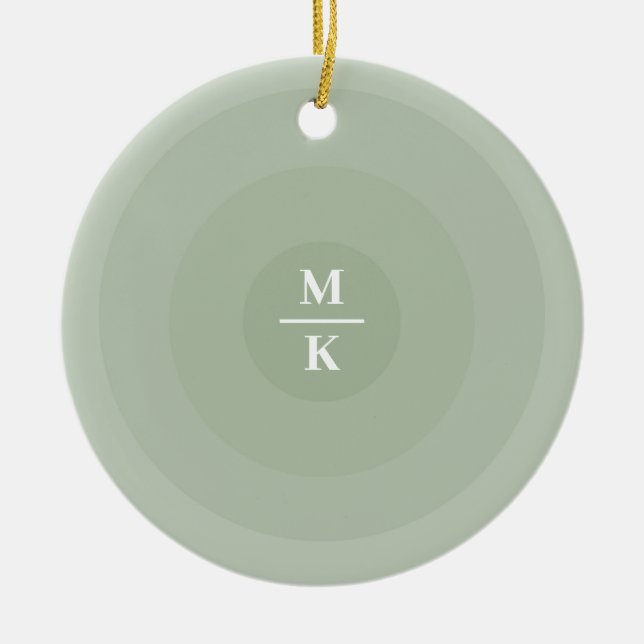Sage Green Minimalist Circle Gradient Monogram  Ceramic Tree Decoration (Front)