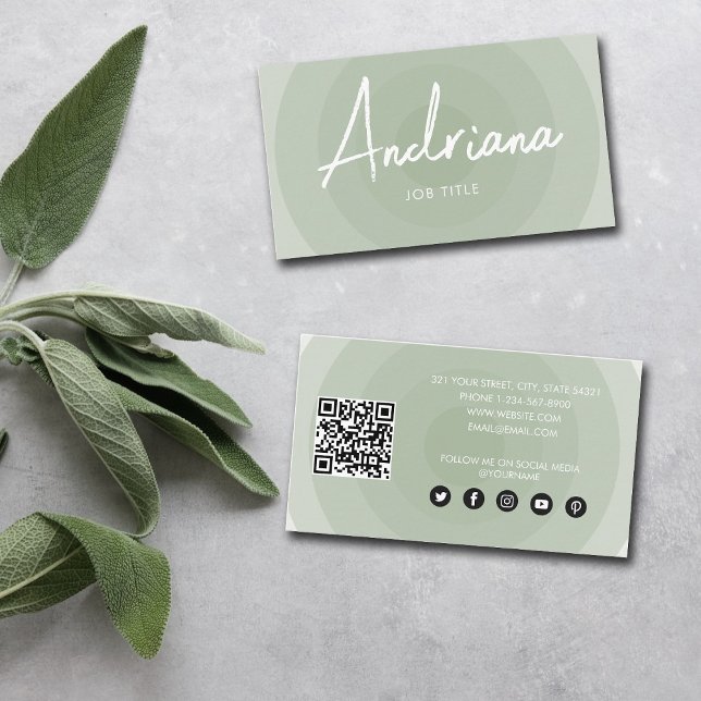 Sage Green Minimalist Circle Gradient QR Code Business Card (Creator Uploaded)