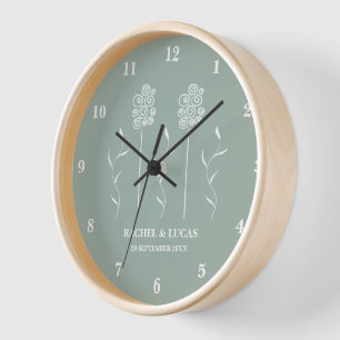 Sage Green Minimalist Curly Floral Wall Clock