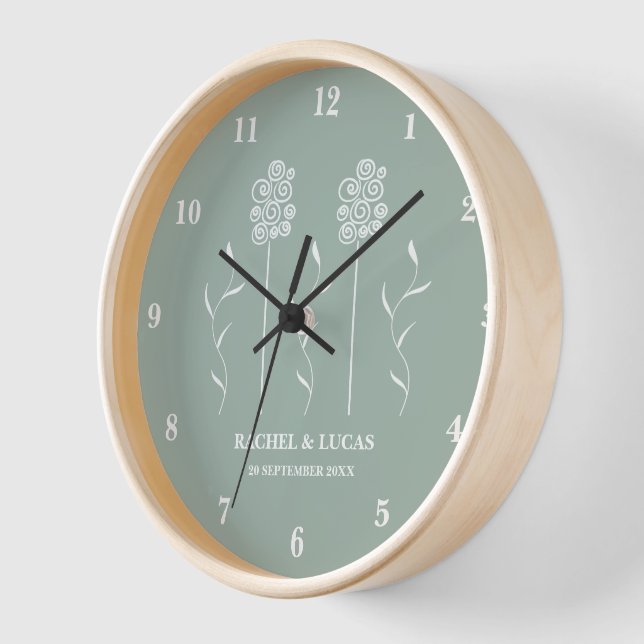 Sage Green Minimalist Curly Floral Wall Clock (Angle)