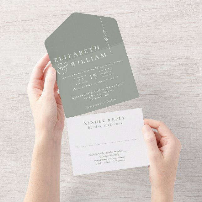 Sage Green Minimalist Elegant Monogram Wedding All In One Invitation (Tearaway)