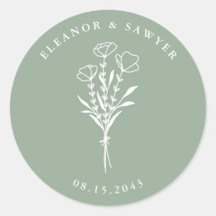 Sage Green Minimalist Floral Bouquet Wedding Classic Round Sticker
