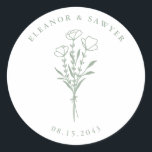 Sage Green Minimalist Floral Bouquet Wedding Classic Round Sticker<br><div class="desc">Send thanks with these customisable wedding stickers. It features a minimalist floral bouquet, handwritten script and simple typography. Personalise these minimalist stickers by adding names and date. These floral wedding stickers are perfect for weddings, bridal showers, engagement parties, and so much more. Tailor your botanical wedding stickers to match your...</div>