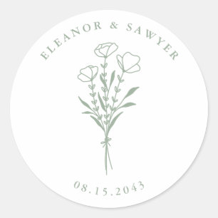 Sage Green Minimalist Floral Bouquet Wedding Classic Round Sticker
