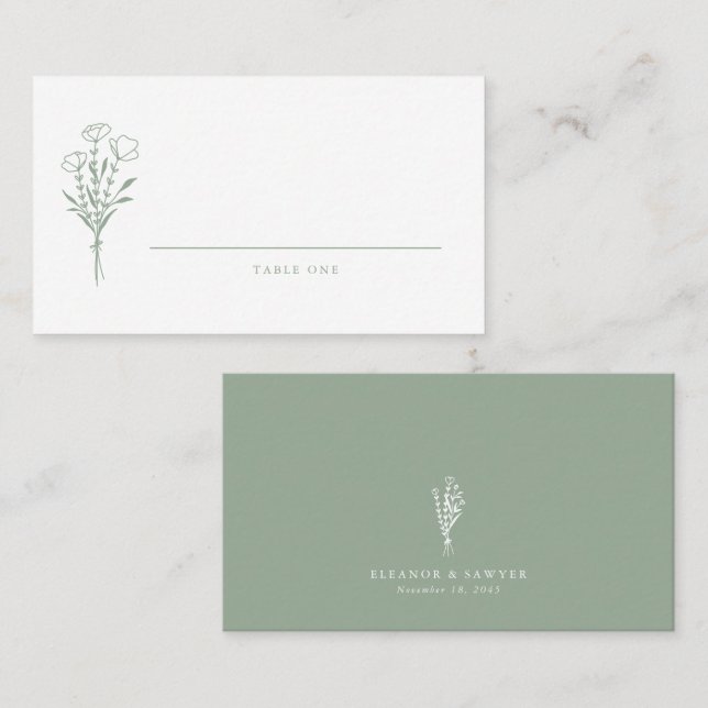 Sage Green Minimalist Floral Bouquet Wedding  Place Card (Front/Back)