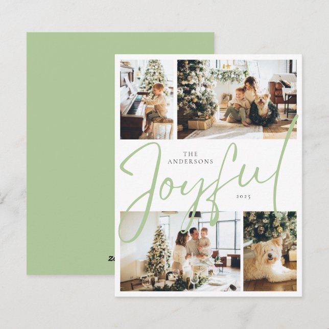 Sage Green Minimalist Four Photo Joyful Christmas Holiday Card (Front/Back)
