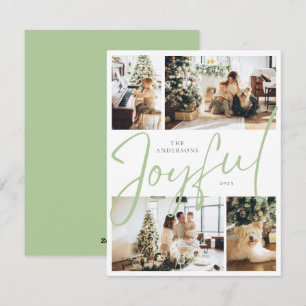 Sage Green Minimalist Four Photo Joyful Christmas Holiday Card