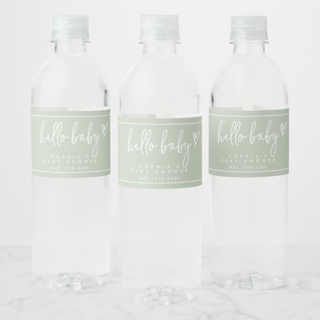 Sage Green Minimalist Modern Boho Baby Shower Water Bottle Label (Bottles)