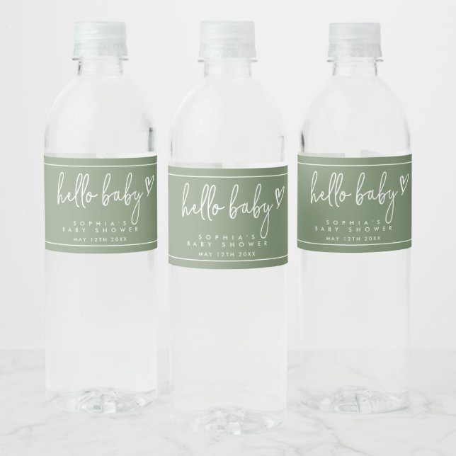 Sage Green Minimalist Modern Boho Baby Shower Water Bottle Label (Bottles)