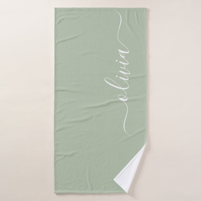 Sage Green Minimalist Modern Monogram Elegant Bath Towel (Bath Towel)