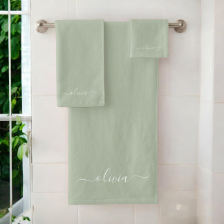 Sage Green Minimalist Modern Monogram Elegant Bath Towel Set