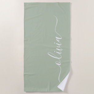 Sage Green Minimalist Modern Monogram Elegant Beach Towel