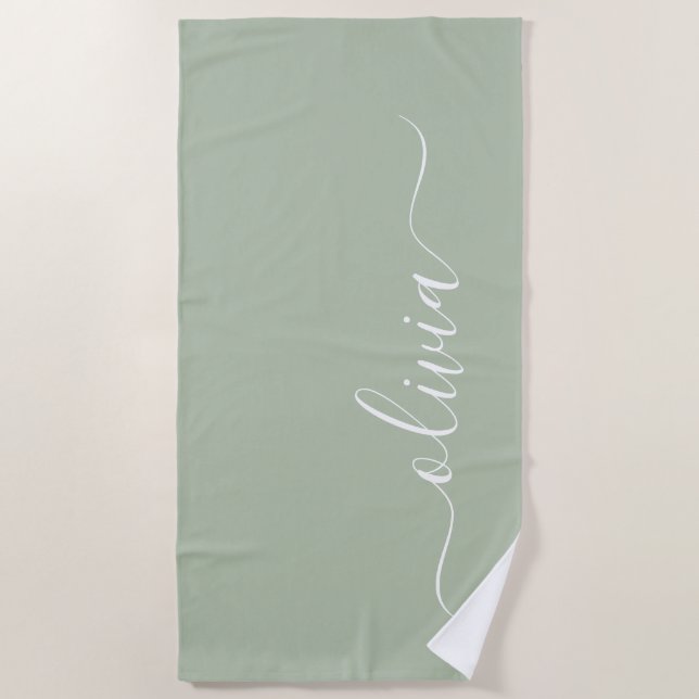 Sage Green Minimalist Modern Monogram Elegant Beach Towel (Front)