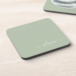 Sage Green Minimalist Modern Monogram Elegant Coaster