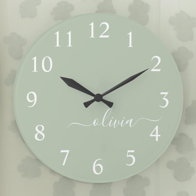Sage Green Minimalist Modern Monogram Elegant  Large Clock (Creator Uploaded)