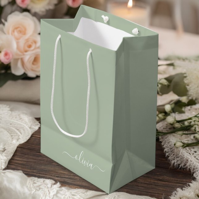 Sage Green Minimalist Modern Monogram Elegant  Medium Gift Bag (Creator Uploaded)