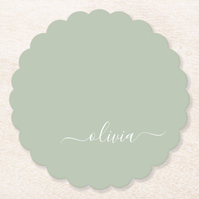 Sage Green Minimalist Modern Monogram Elegant  Paper Coaster (Front)