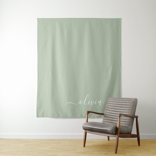 Sage Green Minimalist Modern Monogram Elegant  Tapestry (In Situ)
