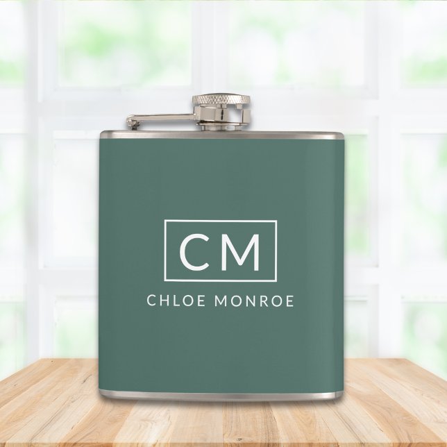 Sage Green Minimalist Modern Monogram Name Hip Flask (Creator Uploaded)