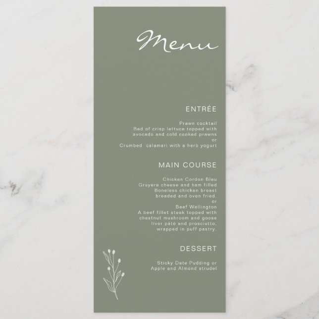 Sage Green Minimalist Modern Twig Motif Flat Menu (Front)