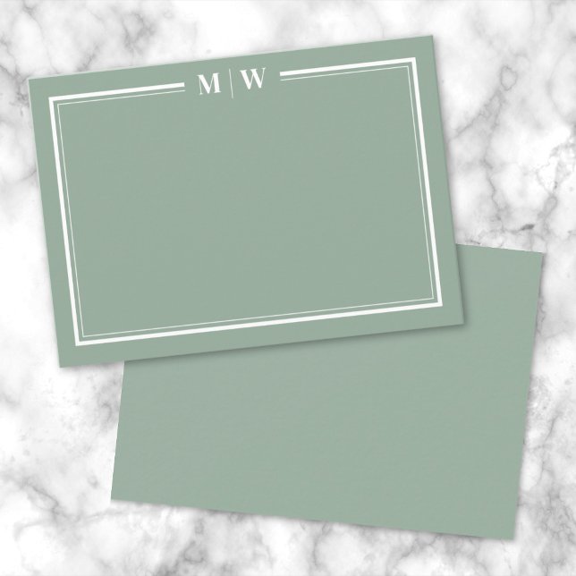Sage Green Minimalist Monogram Card (Minimalist Green Two Border Monogram Note Card)