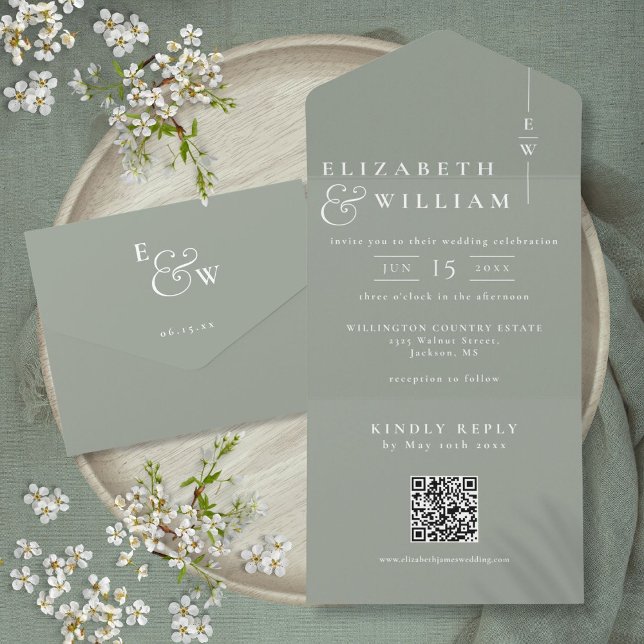 Sage Green Minimalist Monogram QR Code Wedding All In One Invitation (Sage Green Minimalist Monogram QR Code Wedding All In One Invitation)