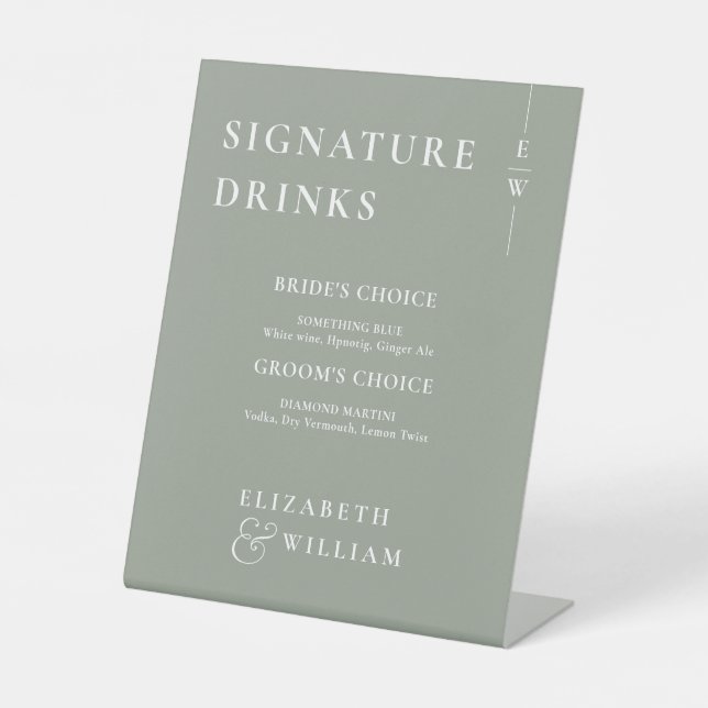 Sage Green Minimalist Monogram Signature Drinks Pedestal Sign (Front)