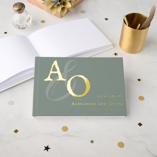 Sage Green Minimalist Monogram Wedding Guest Book (Front Open)