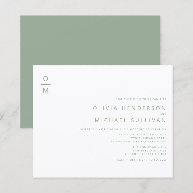 Sage Green Minimalist Monogram Wedding Invitation (Front/Back)