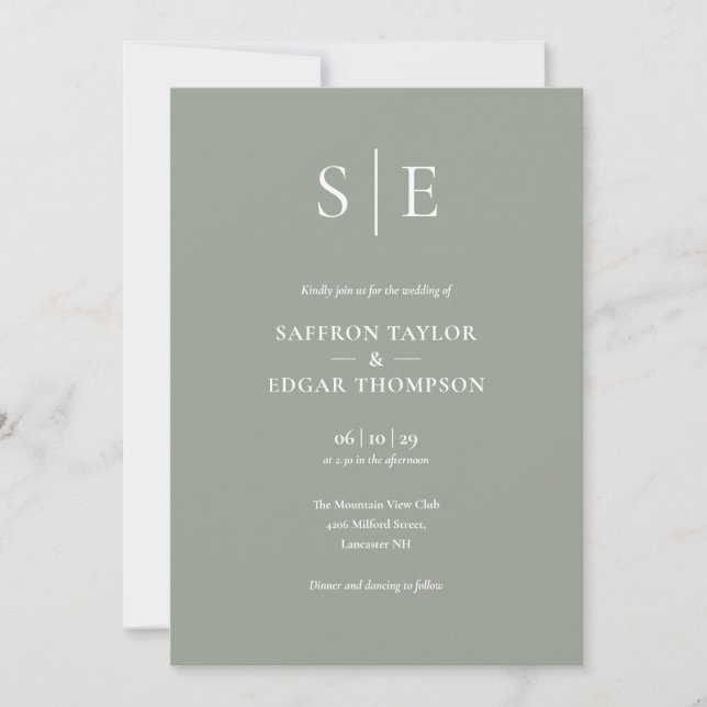 Sage Green Minimalist Monogram Wedding Invitation (Front)