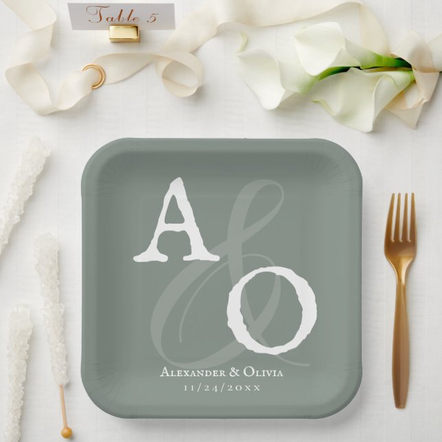 Sage Green Minimalist Monogram Wedding Paper Plate (Wedding)